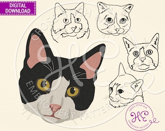 Tuxedo Cat Embroidery Designs, Embroidery Pattern For Machine, Download, Simple Pet Face Schem, Outline Sketch, Ukraine Shops, Pes Dst Jef
