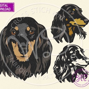 Longhaired Dachshund Dog Embroidery Designs, Machine Embroidery Pattern, Download, Realistic Pet Portrait, Black Doxie Head, Dachsh Face Art