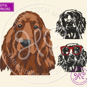 Pode incluir: Três padrões de bordado digital de cães. O primeiro é um setter irlandês marrom e branco, o segundo é um cocker spaniel preto e branco, e o terceiro é um cocker spaniel preto e branco usando óculos de sol vermelhos.