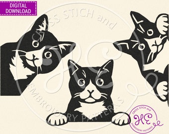 Tuxedo Cat Embroidery Designs, Embroidery Pattern For Machine, Download, Simple Pet Face Schem, Peeking Animal, Ukraine Shops, Pes Dst Jef