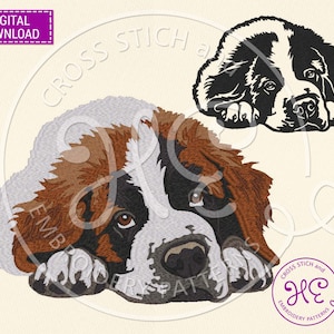 May include: A digital embroidery pattern of a brown, white, and black Bernese Mountain Dog puppy lying down with its head resting on its paws. The puppy has brown eyes and a sweet expression.
