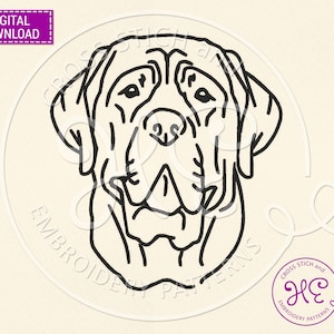 May include: Black and white line art illustration of a dog's head. The dog has a large, square head with a short, blunt muzzle. The dog's ears are floppy and its eyes are large and round. The dog's tongue is sticking out slightly.
