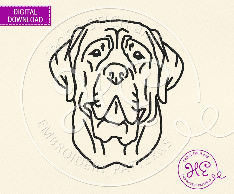 May include: Black and white line art illustration of a dog's head. The dog has a large, square head with a short, blunt muzzle. The dog's ears are floppy and its eyes are large and round. The dog's tongue is sticking out slightly.