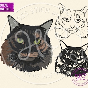 Puede incluir: Tres patrones de bordado diferentes de una cabeza de gato. El primer patrón es una imagen detallada y realista de un gato con pelaje marrón, negro y blanco. El segundo patrón es un dibujo de línea de una cabeza de gato. El tercer patrón es una silueta en blanco y negro de una cabeza de gato.