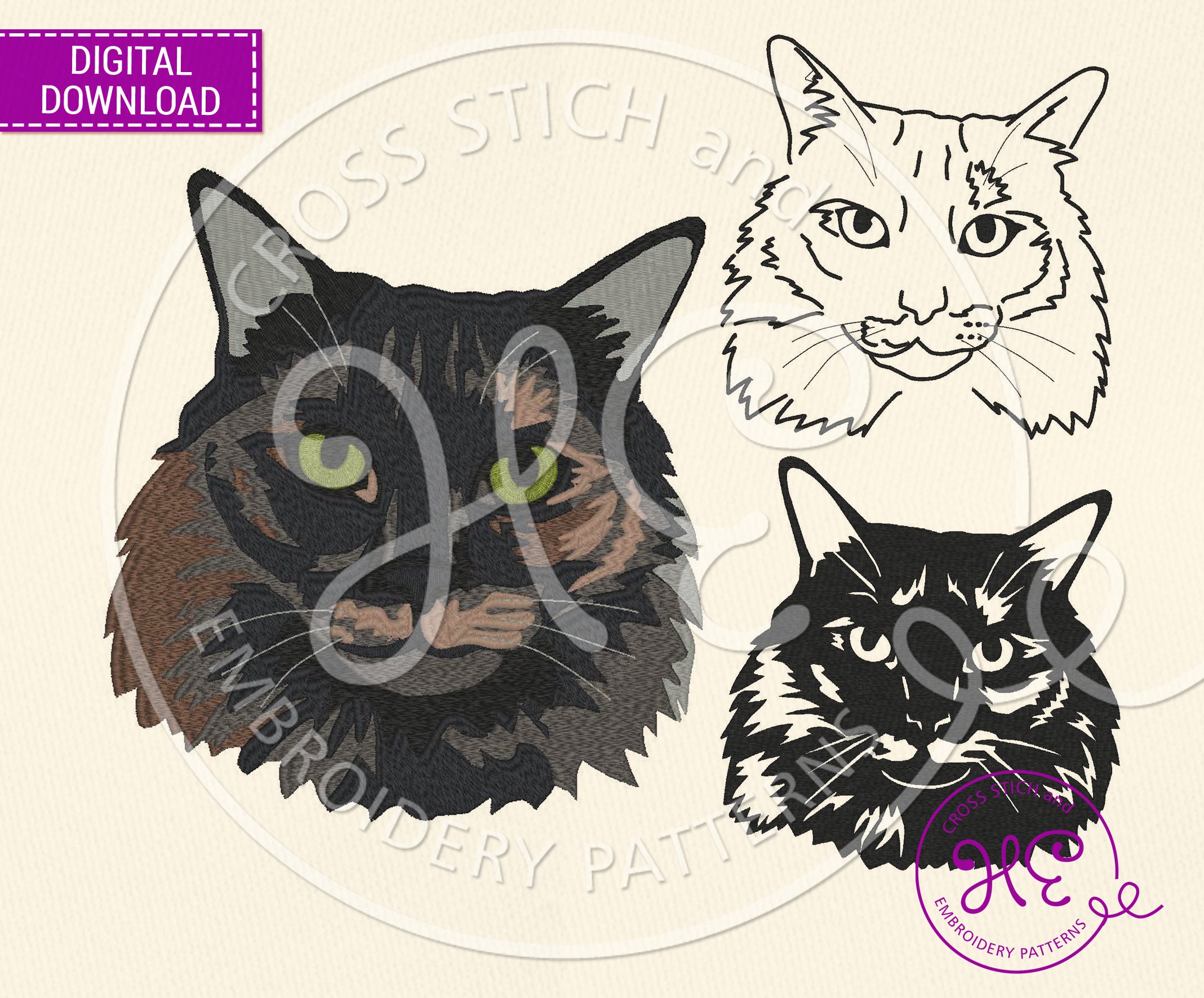 Tortoiseshell Cat Embroidery Designs, Machine Embroidery Pattern, Ukraine Digital Download, Tortie Kitten Colorful File, Animal Pet Face