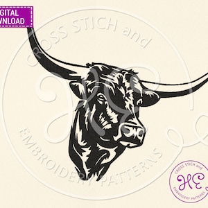 Steer Embroidery Design, Pattern For Machine, Download, Buffalo Head, Longhorned Cattle, Farmhouse Bull Face, Farm Animal, Pes Dst Exp Jef