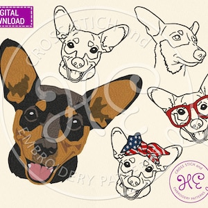 May include: Four different embroidery designs of a dog with various expressions. The dog is brown and black with a white patch on its chest. The designs include a full-face view, a side view, a view with sunglasses, and a view with a red, white, and blue bandana.