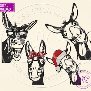 Donkey Bandana Glasses Embroidery Design, Embroidery Pattern For Machine, Ukraine Shops, Download, Farm Animal Head Jef Pes File, Bernina