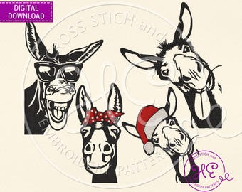 Desenho de bordado de burro com bandana e óculos, padrão de bordado para máquina, lojas da Ucrânia, download, arquivo PES de cabeça de animal de fazenda, Bernina