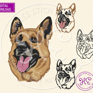 German Shepherd Dog Embroidery Designs, Machine Embroidery Pattern, Download, Realistic Pet Scheme, Outline Sketch, Colorful, GSD Breed