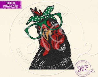 Padrão de bordado de frango com óculos de bandana, desenhos de bordado fofos para máquina, download, lojas da Ucrânia, esquema de animais de fazenda, galo