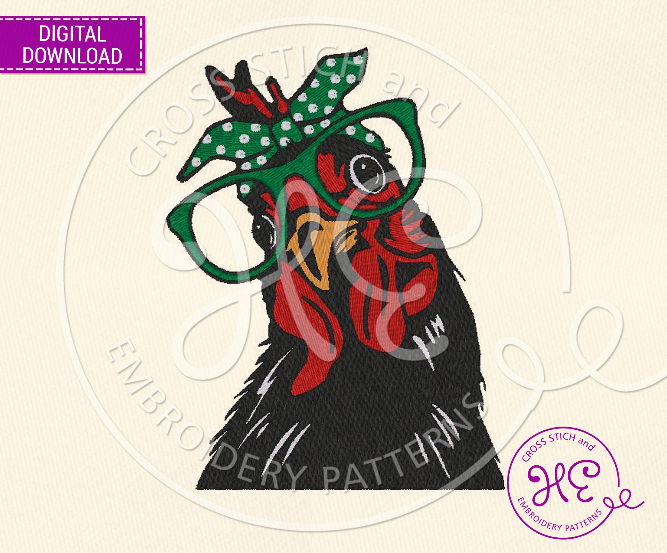 Chicken With Bandana Glasses Embroidery Pattern, Cute Embroidery Desi…