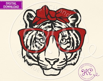 Tiger Head Embroidery Pattern, Machine Embroidery Designs, Instant Download, Cute Wild Animal Face Bandana Glasses Scheme, Pes Dst Jef File