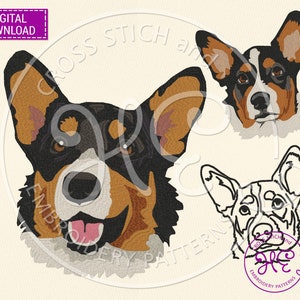 May include: Embroidered design of a corgi dog with black, brown, and white fur. The dog is looking directly at the viewer with its tongue sticking out. The design is perfect for cross-stitch projects.