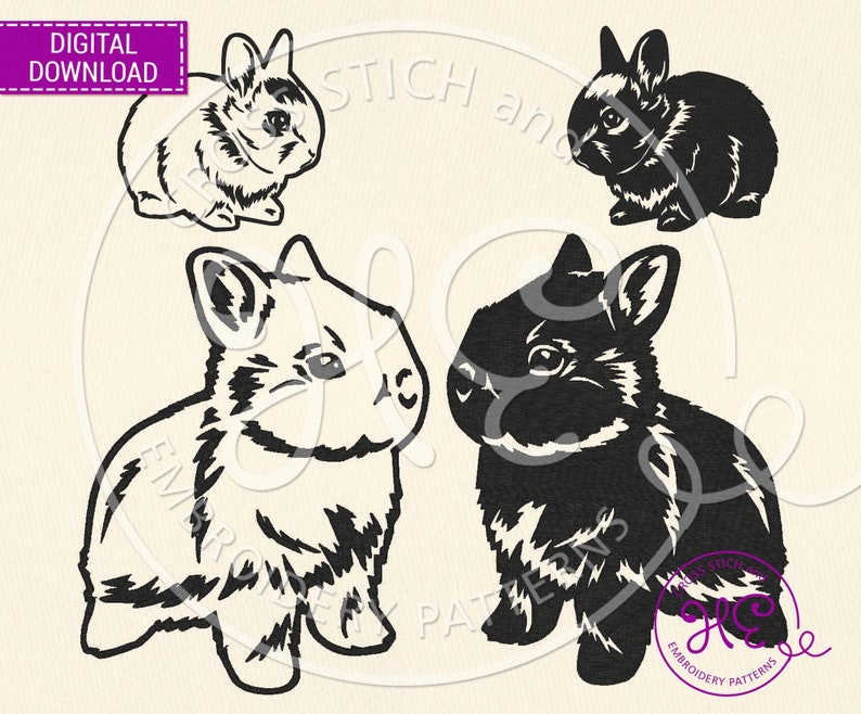 Pode incluir: Download digital com quatro ilustra&ccedil;&otilde;es de coelhos em preto e branco. Dois coelhos est&atilde;o sentados e dois em p&eacute;. O texto "DIGITAL DOWNLOAD" est&aacute; em um ret&acirc;ngulo roxo no canto superior esquerdo.
