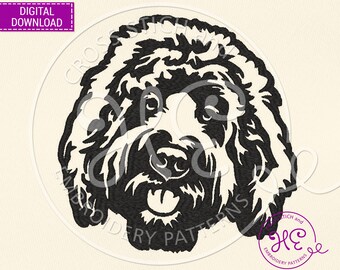 May include: Black and white silhouette of a dog's head with curly fur. The dog is looking directly at the viewer with its tongue sticking out.