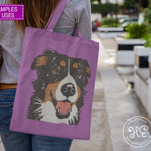 May include: A purple tote bag with a colorful illustration of a Bernese Mountain Dog on the front. The bag has a white handle and the text "Cross Stitch and Embroidery Patterns" is visible on the bottom right corner.