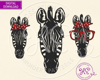 Zebra Embroidery Designs, Pattern For Machine, Download, African Safari Animal Scheme, Wild Life, Funny Zoo Animal In Glasses And Glasses