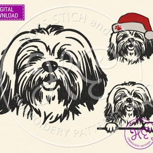 May include: Black and white line art embroidery design of a Shih Tzu dog in three different poses. One pose is the dog wearing a red Santa hat, another is the dog looking up, and the last is the dog peeking over a surface.