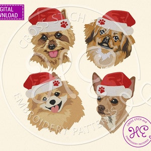 May include: Four different dog breeds wearing red Santa hats with white trim and a paw print on the hat. The dogs are a Yorkshire Terrier, a Pekingese, a Pomeranian, and a Chihuahua.