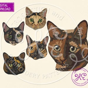 May include: Digital download of embroidery patterns featuring detailed cat faces in various colors. The cats have green and yellow eyes, with brown, black, and orange fur. The image includes the text "DIGITAL DOWNLOAD" and "CROSS STITCH and EMBROIDERY PATTERNS".