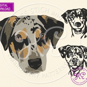 Könnte beinhalten: Ein digitales Stickmuster eines Hundes mit braunem, schwarzem und weißem Fell. Der Hund schaut direkt auf den Betrachter. Es gibt zwei weitere schwarz-weiße Hundemuster im Bild.