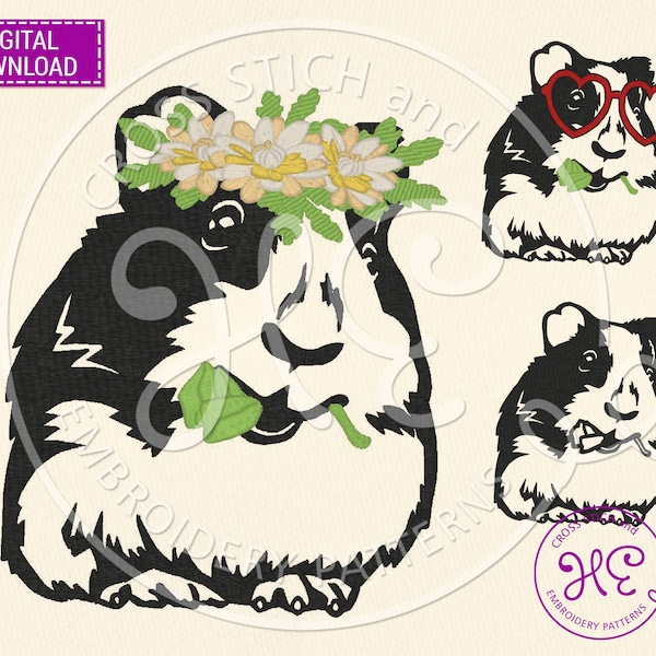 Guinea Pig Embroidery Design, Machine Pattern, Download, Cute Pet Scheme, Animal Hart Glasses Wreath Art, Digitizing, Dst Pes Jef Hus Exp