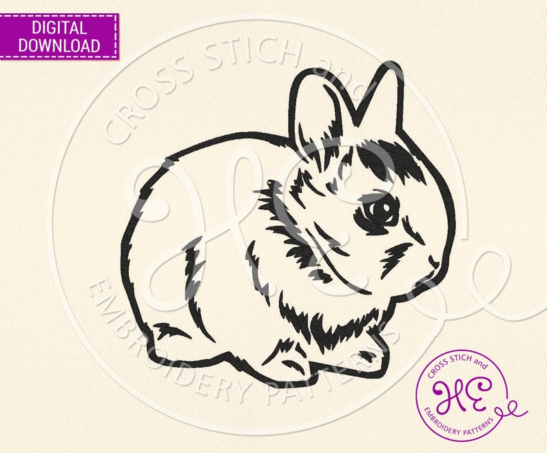 Pode incluir: Ilustra&ccedil;&atilde;o a preto e branco de um coelho. O coelho est&aacute; sentado com as orelhas levantadas. A imagem tem as palavras "DOWNLOAD DIGITAL" num ret&acirc;ngulo roxo no canto superior esquerdo. A imagem tamb&eacute;m tem as palavras "CROSS STITCH and EMBROIDERY PATTERNS" num c&iacute;rculo.