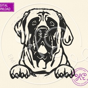 May include: Black and white silhouette of a Mastiff dog with its paws resting on the bottom of the image. The dog is looking directly at the viewer.