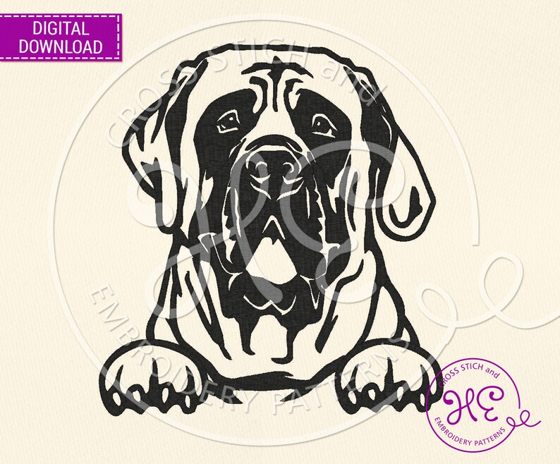 May include: Black and white silhouette of a Mastiff dog with its paws resting on the bottom of the image. The dog is looking directly at the viewer.
