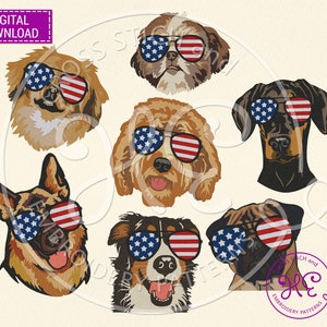 Patriotic Dogs With American Glasses Machine Embroidery Design, 4th Of July Pattern Download, Pet Face Bundle, USA Flag, Colorful Animals