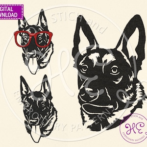 May include: Digital download embroidery patterns featuring German Shepherd dog faces in black and white. One dog has red glasses. The image includes the text "DIGITAL DOWNLOAD" in a purple box.