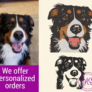 K&ouml;nnte beinhalten: Ein digitales Stickmuster eines Berner Sennenhunds mit braunem, schwarzem und wei&szlig;em Fell. Der Hund l&auml;chelt mit herausgestreckter Zunge. Das Design ist perfekt f&uuml;r die Erstellung personalisierter Haustierportraits.