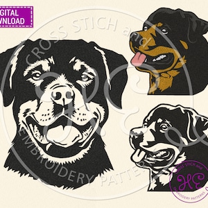 May include: Three black and white Rottweiler dog head illustrations. The dogs are facing different directions. The illustrations are in a simple, cartoon style.