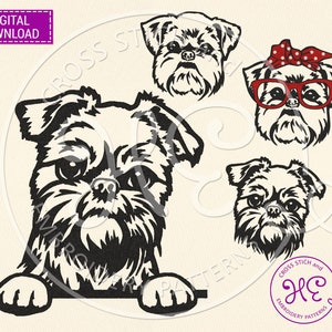 May include: Black and white digital embroidery pattern of a Brussels Griffon dog in four different poses. The dog is looking at the viewer in three of the poses. The fourth pose shows the dog peeking over a surface with its paws on the surface. The pattern is for cross stitch and embroidery.