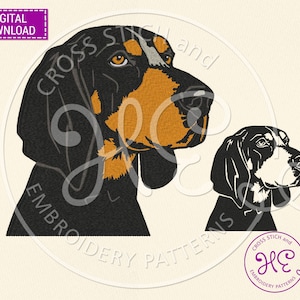 Può includere: Motivo di ricamo digitale in bianco e nero di un cane Bloodhound che guarda a destra. Il motivo è disponibile per il download.