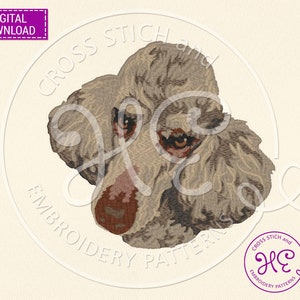 Op de afbeelding: Een kruissteek borduurpatroon van een poedelkop. De poedel is lichtbruin met donkerbruine ogen en een bruine neus. Het patroon is in een ronde lijst met de tekst "Cross Stitch and Embroidery Patterns" rond de rand.