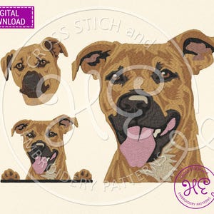 May include: Digital download of a brown dog embroidery pattern. The image features three different dog portraits, including a close-up of the dog's face with its tongue out. The text "CROSS STICH and EMBROIDERY PATTERNS" is visible.