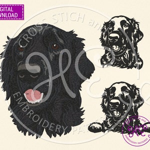 May include: Three black and white digital embroidery patterns of a Flat Coated Retriever dog. The dog is shown in three different poses: a head shot, a full body shot, and a side view.