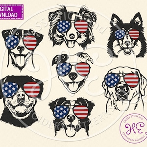 Patriotic Dogs With American Glasses Machine Embroidery Design, 4th Of July Pattern Download, Pet Face Bundle, USA Flag, Outline Animals