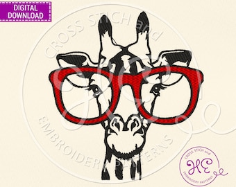 Cute Giraffe Glasses Embroidery Pattern, Embroidery Designs For Machine, Instant Download, African Safari Animal Scheme, Pes Dst File