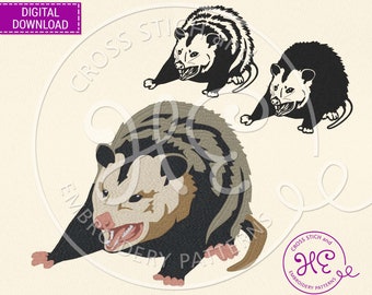 Motifs de broderie d'opossum, motif pour Machine, téléchargement, opossum hurlant, nature sauvage, animal de la forêt, opossum de Virginie, Bernina Tajima