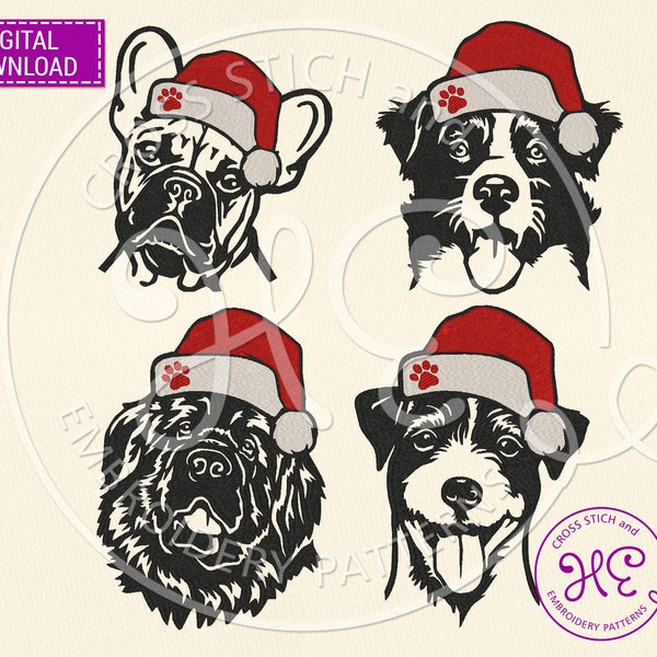 Christmas Dog Embroidery Design Bundle, Embroidery Pattern, Download Cute Border Colie Jack Russell Terrier French Bulldog Newfoundland Face