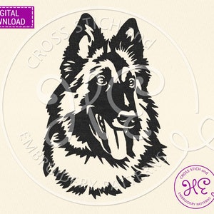 Puede incluir: Silueta en blanco y negro de la cabeza de un perro pastor belga. El perro mira hacia la derecha con la lengua fuera.