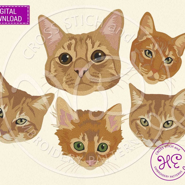 Orange Tabby Cat Embroidery Designs, Machine Embroidery Pattern, Digital Download, Red Cat Green Eyes, Colorful File, Cute Animal Pet Face