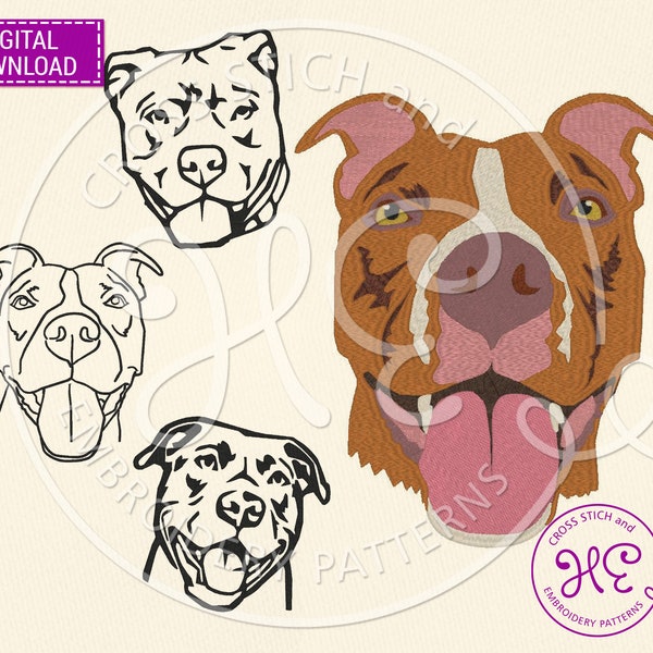 Pit Bull Embroidery Design, Machine Embroidery Pattern, Download, Ukraine Shop, Cute Pet Face Scheme, Outline Sketch, Dog Breed Pes Jef File