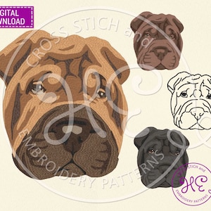 May include: Four different embroidery designs of a Shar-Pei dog. The designs are in brown, black, white, and a combination of brown and black.