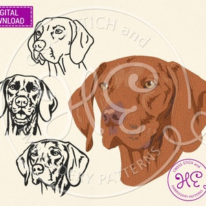 Könnte beinhalten: Drei verschiedene Stickmuster eines Vizsla-Hundes. Das erste Muster ist eine schwarz-weiße Umrandung des Hundekopfes. Das zweite Muster ist eine schwarz-weiße Umrandung des Hundekopfes. Das dritte Muster ist ein braunes und weißes Farbmuster des Hundekopfes.