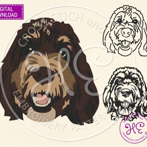 May include: A digital embroidery pattern of a brown and tan dog with a happy expression. The pattern is available for download and includes a line art version of the dog.