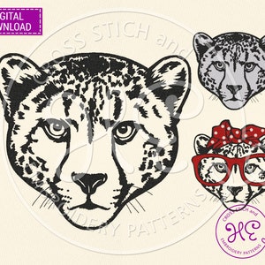 Cheetah Embroidery Design, Pattern For Machine, Download, African Safari Animal, Cute Wild Animal Bandana Glasses, Zoo Wildlife, Mascot Logo